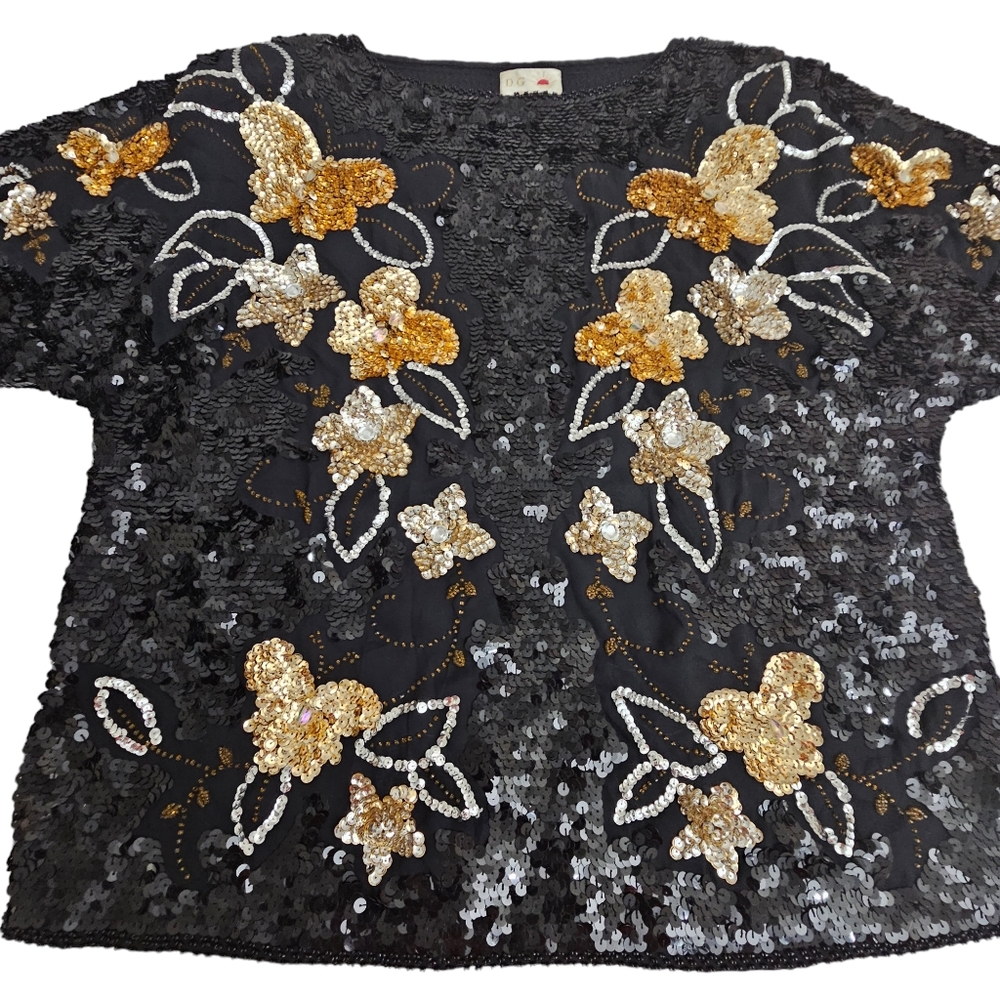 Vintage 80's D.G. Black/Gold Sequined Shoulder Pads Shortsleeve Top
